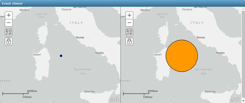 Viewing two compared routes in the Event Viewer window Viewing two compared routes in the Event Viewer window